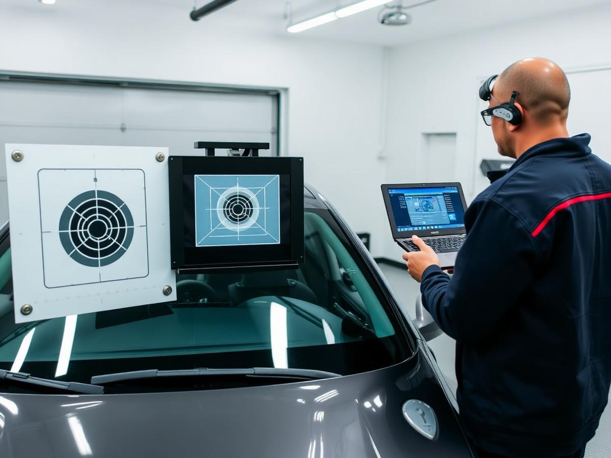 ADAS calibration target set up in front of a vehicle while a technician runs a diagnostic laptop