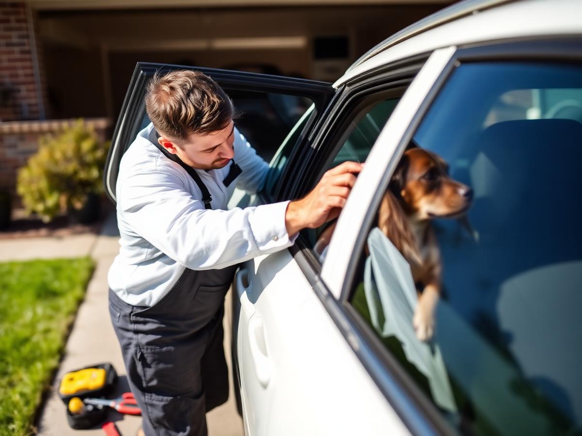 Auto glass technician working on a vehicle window at a Charleston area home