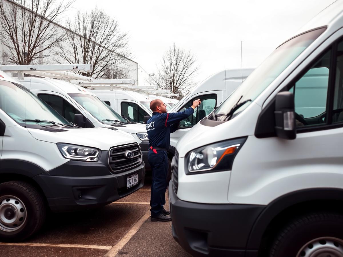 Technician replacing glass on a work van in a commercial fleet yard