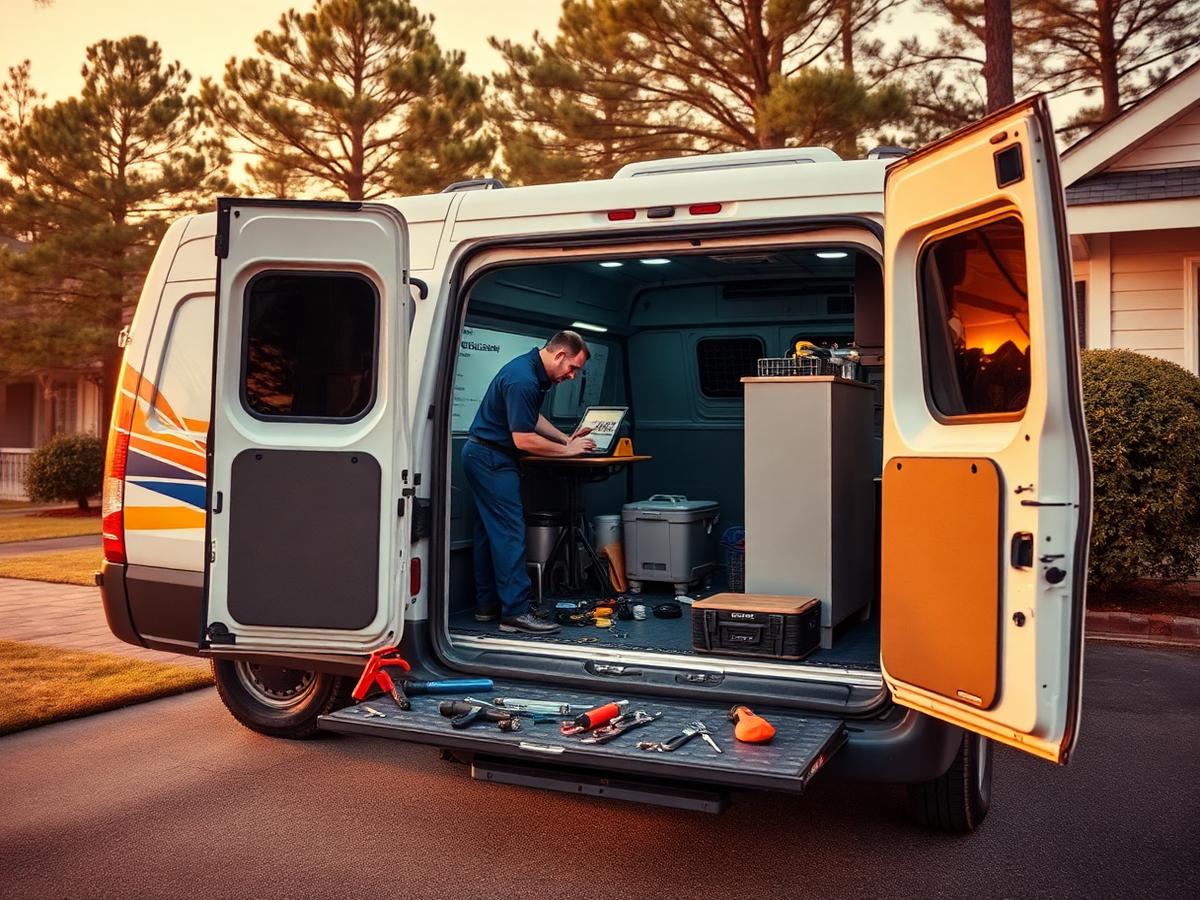Mobile auto glass service van in a Carolina driveway